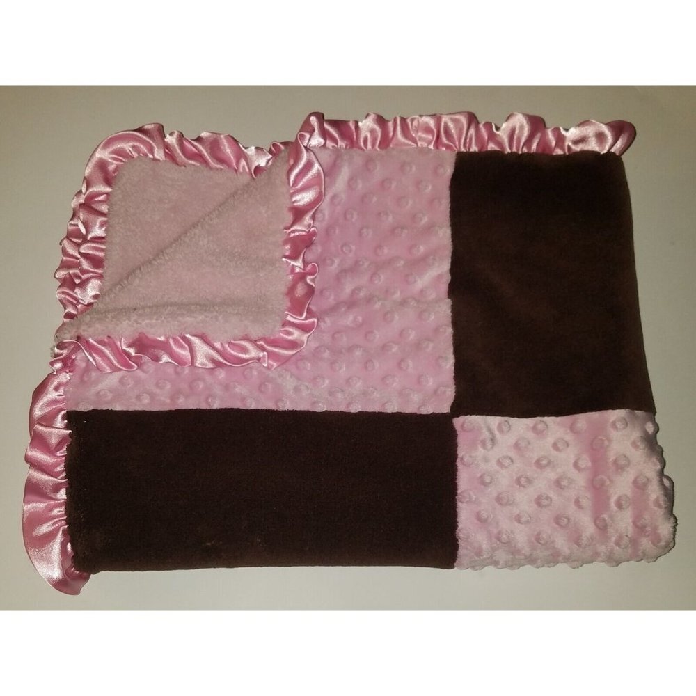RN 119741 Pink Brown Patchwork Fleece Baby Blanket Lovey Minky Dot Satin Ruffle